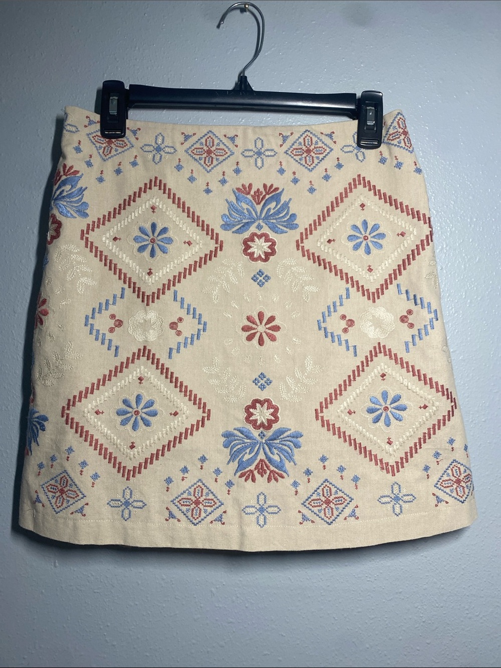 Embroidered Cream Mini Skirt with Blue & Red Floral Motifs